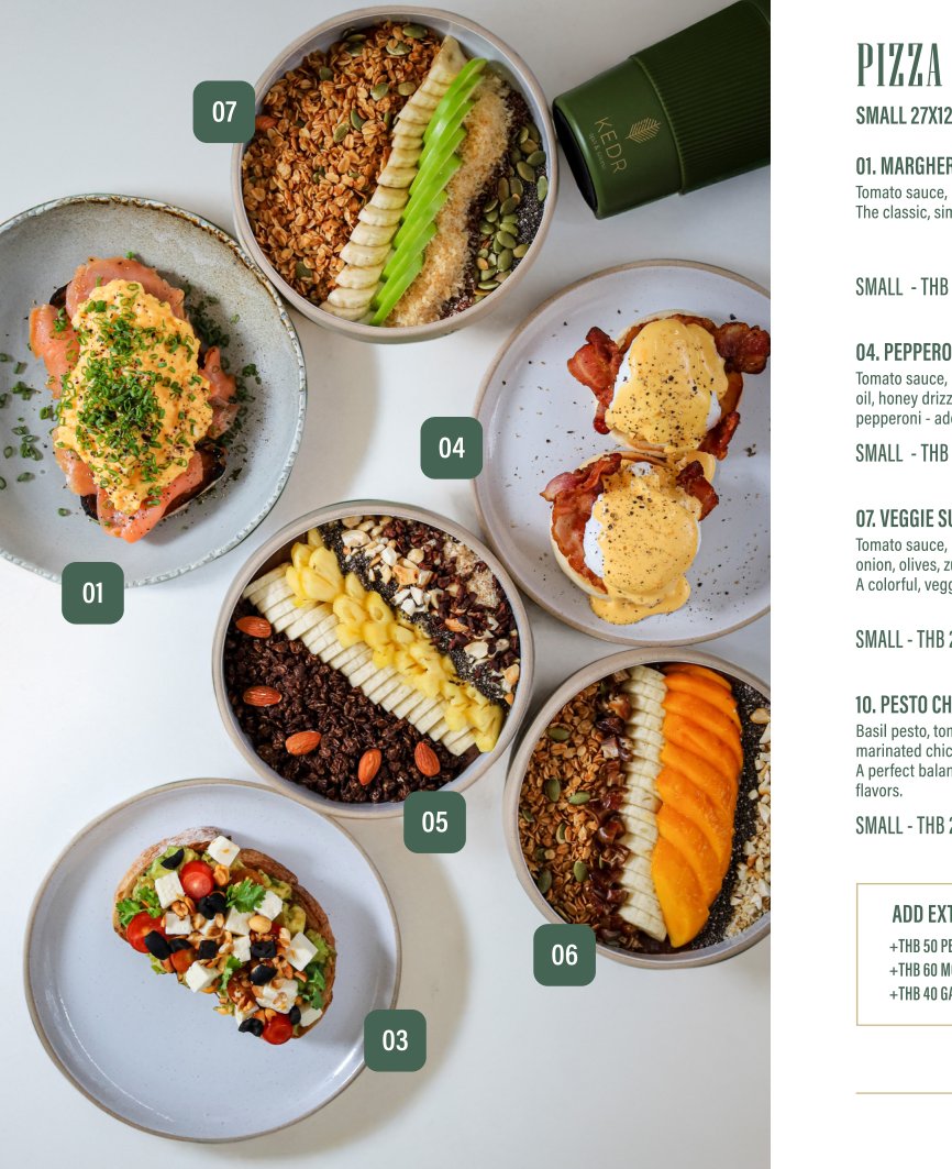 Kedr food menu — bowls and dishes